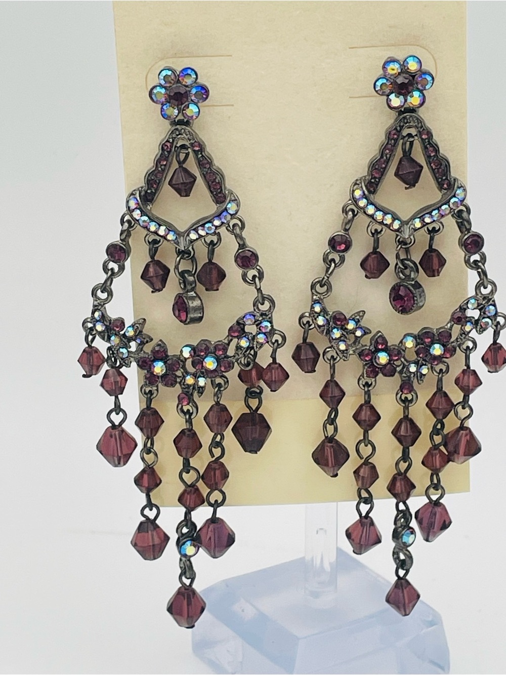 Vintage Style Purple & Iridescent Crystal Chandelier Earrings. Dark Gunmetal